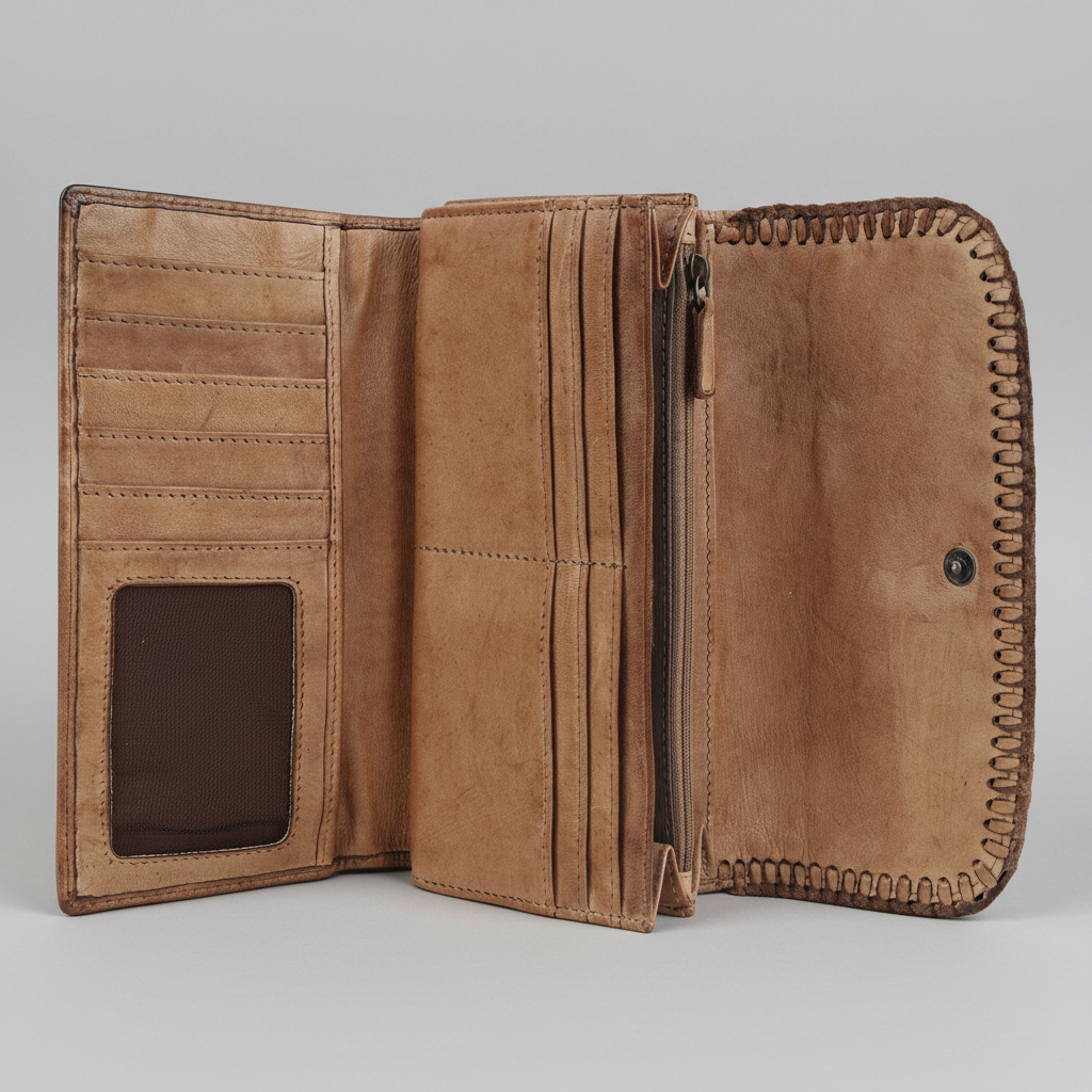 MET Women’s Leather Wallet. Tri-Fold Clutch Organizer with Studded and Whipstitch Detail-6