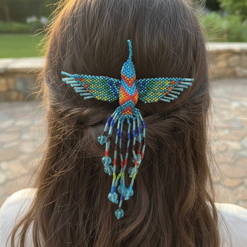 Blue Hummingbird Barrette with Fringes-1