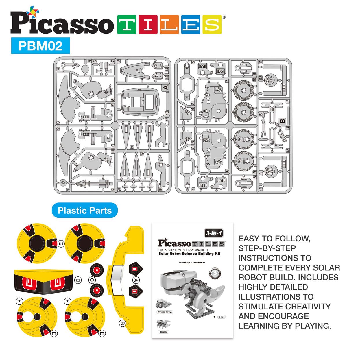 PicassoTiles - PicassoTiles 3-in-1 Solar Powered Dinosaur Robot Kit - Ages 5+-5