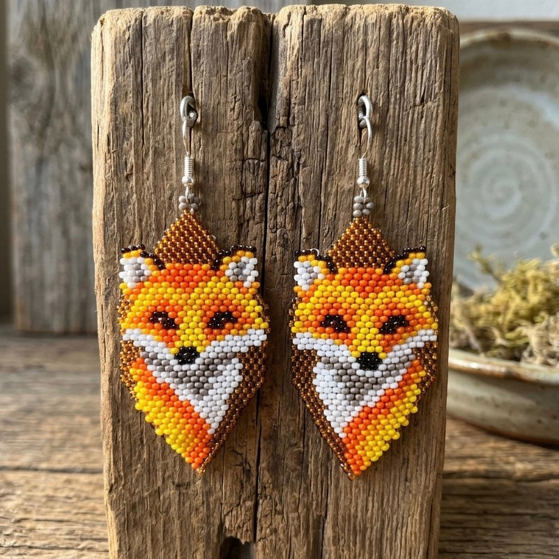 Fox Beaded Earrings (Gold)