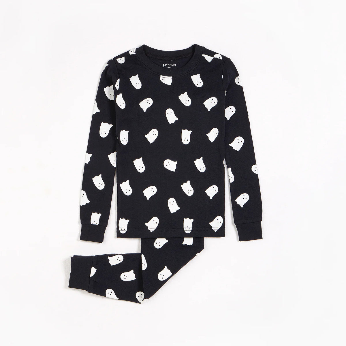 Ghosts Glow in the Dark Print on Black PJ Set | Petit Lem-2