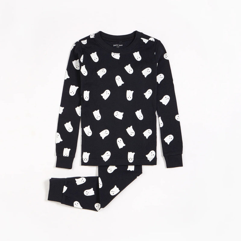 Ghosts Glow in the Dark Print on Black PJ Set | Petit Lem-2