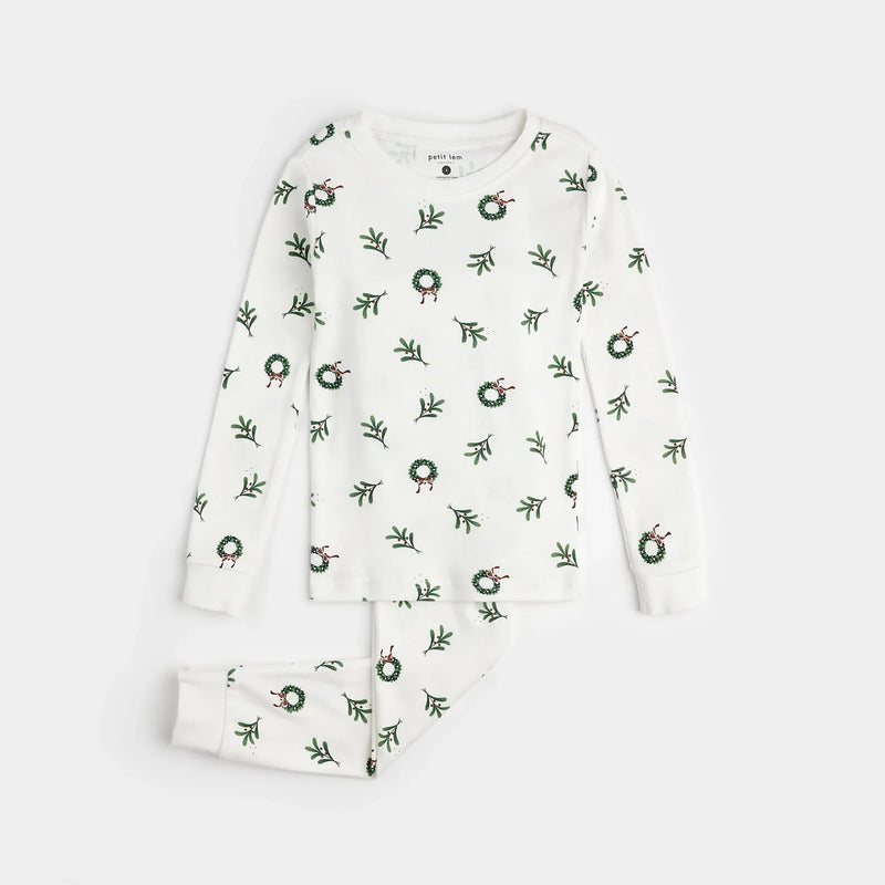 Wreaths Print on Off-White PJ Set | Petit Lem-2