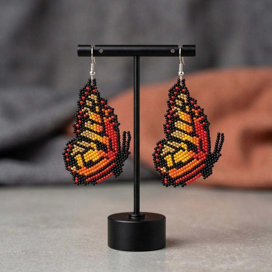 Brown Beaded Butterfly Wing Earrings-3
