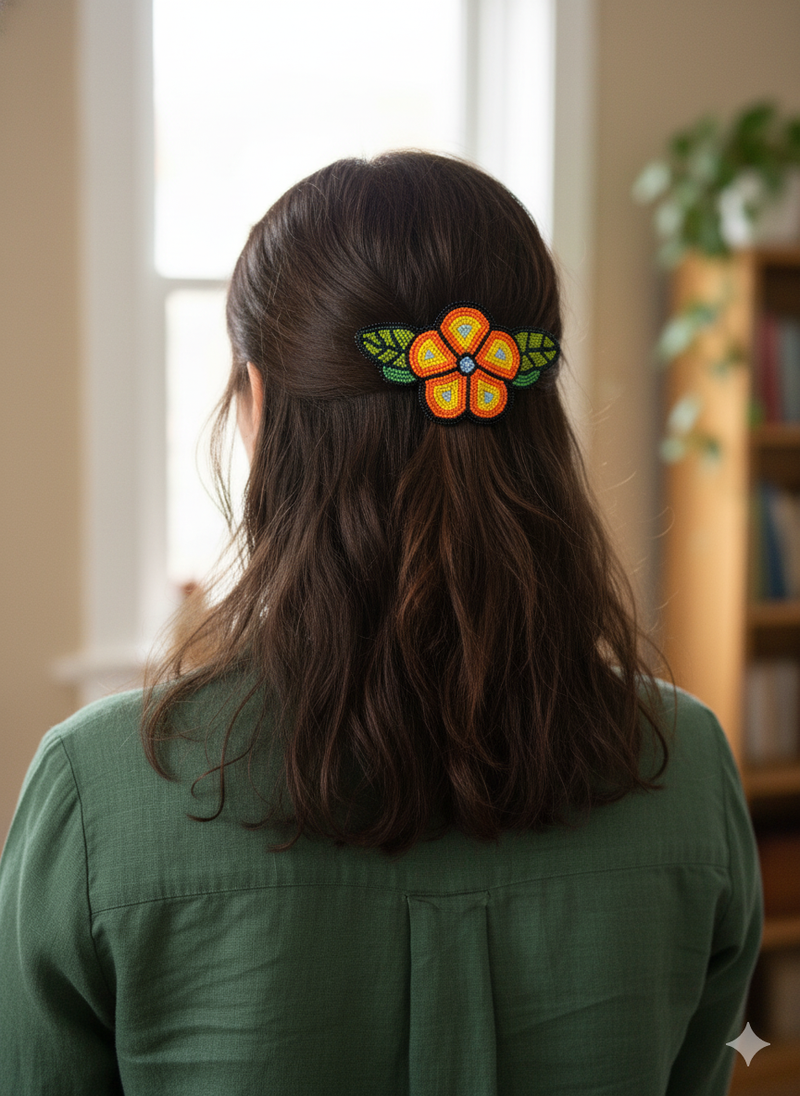 Orange and Yellow Beaded Flower Barrette-4
