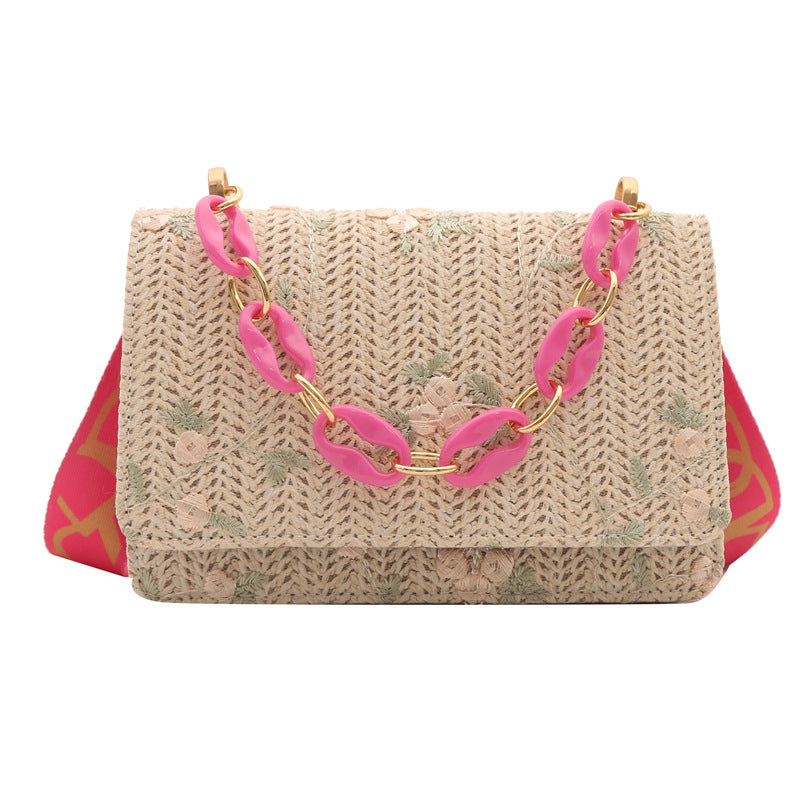 Women's Straw Small Square Crossbody Bag with Acrylic Chain-6