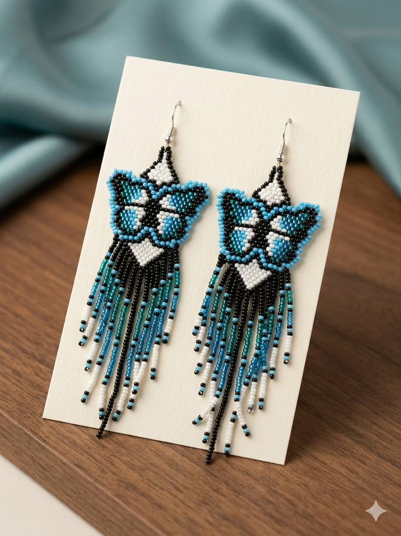 Blue Beaded Dancing Wing Earrings-1
