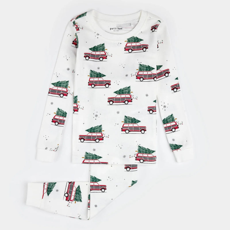 Festive Cars Print on Off-White PJ Set | Petit Lem-1