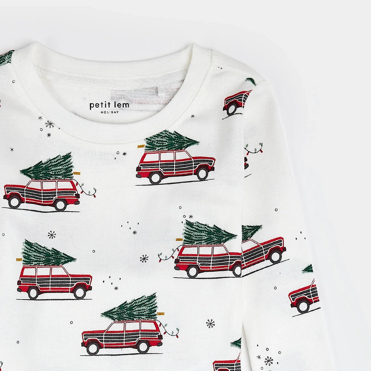 Festive Cars Print on Off-White PJ Set | Petit Lem-2