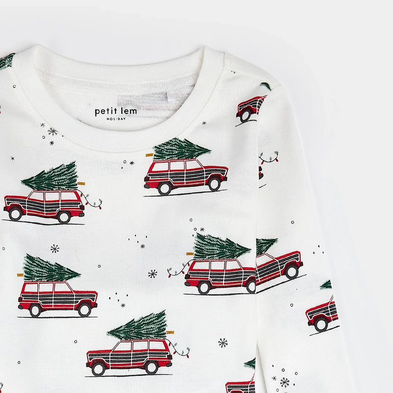 Festive Cars Print on Off-White PJ Set | Petit Lem-2