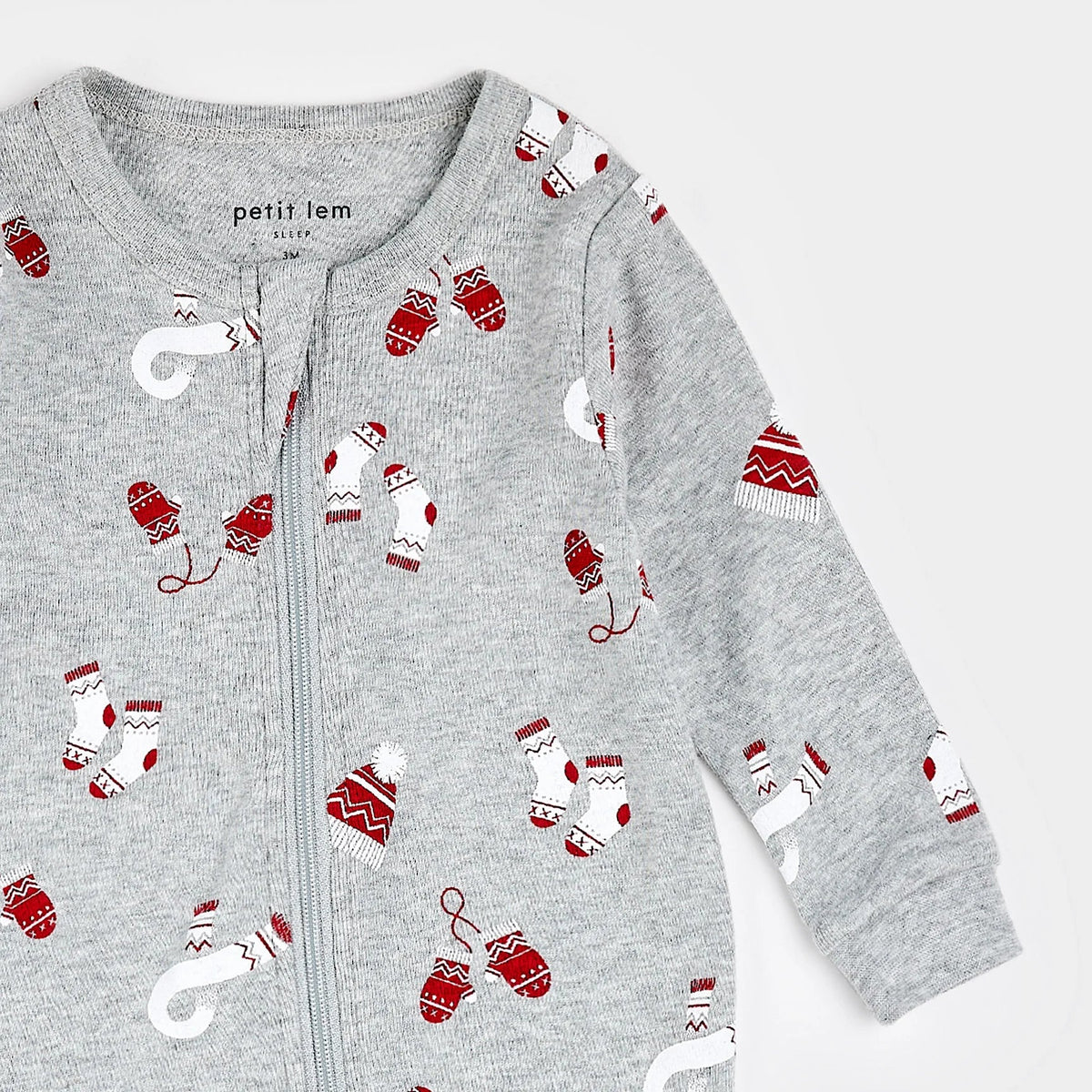 Mitts and Pieces Print on Heather Grey Sleeper | Petit Lem-2