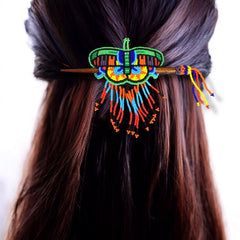 Red and Green Wooden Stick Butterfly Beaded Barrette with Fringes-1