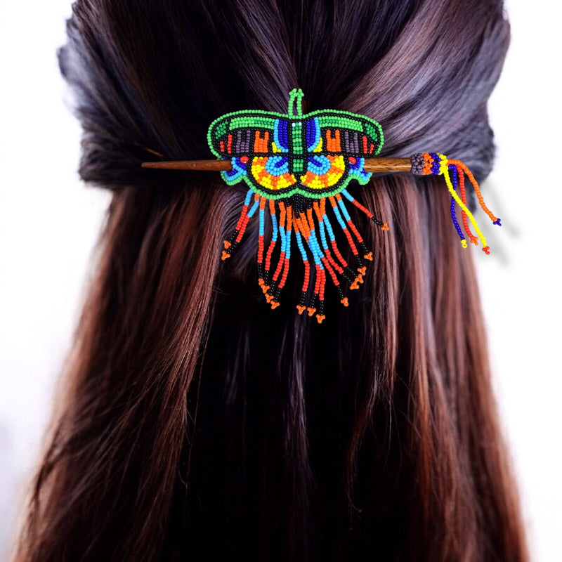 Red and Green Wooden Stick Butterfly Beaded Barrette with Fringes-1