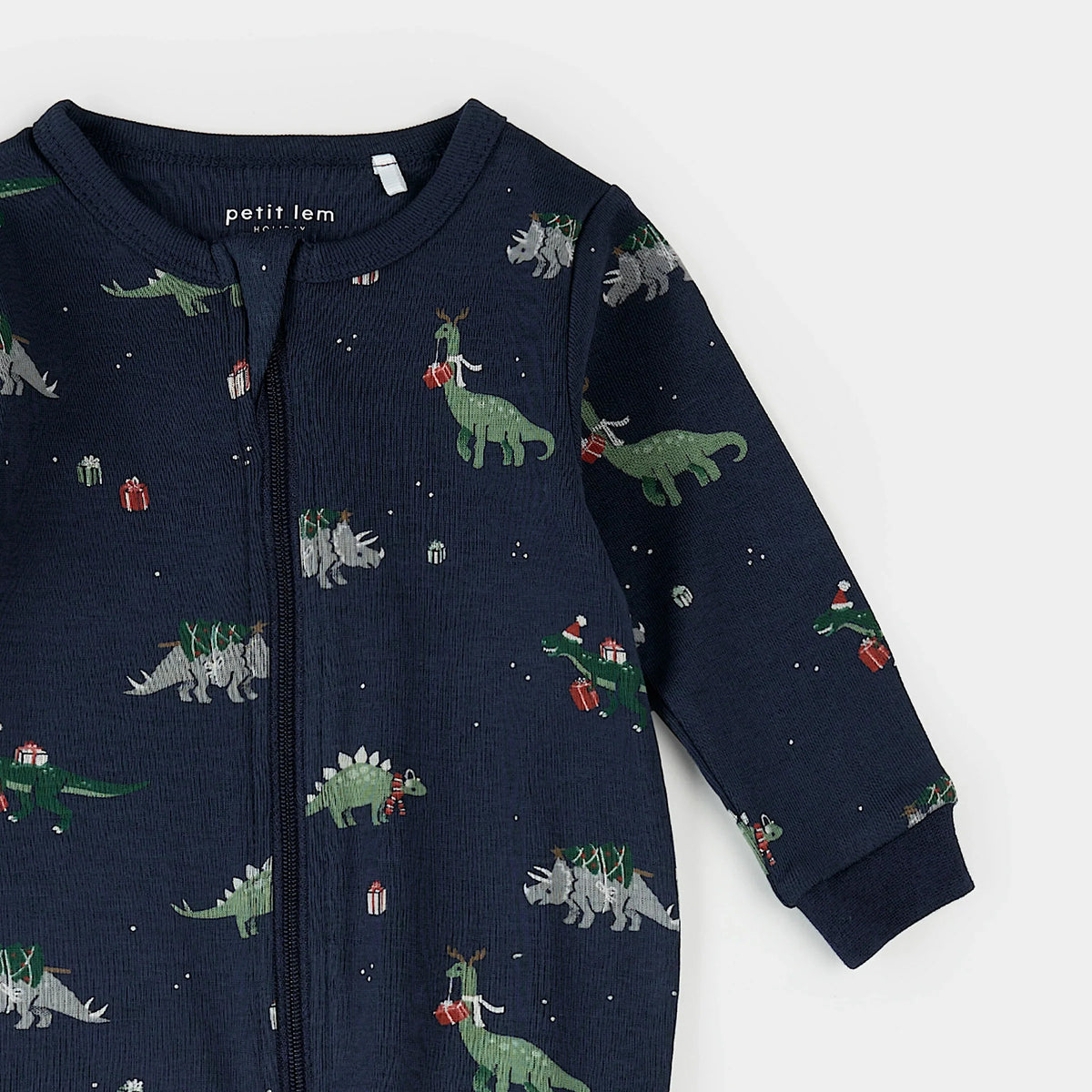Footed Sleeper | Holiday Dinosaur Print on Navy | Petit Lem-1