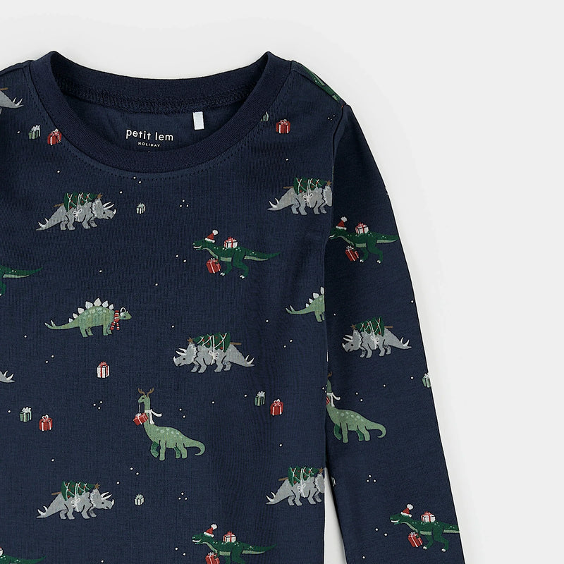 PJ Set | Holiday Dinosaur Print on Navy | Petit Lem-1