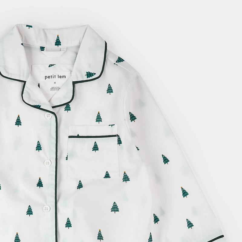 Poplin PJ Set | Pine Tree Print on Off-White | Petit Lem-1