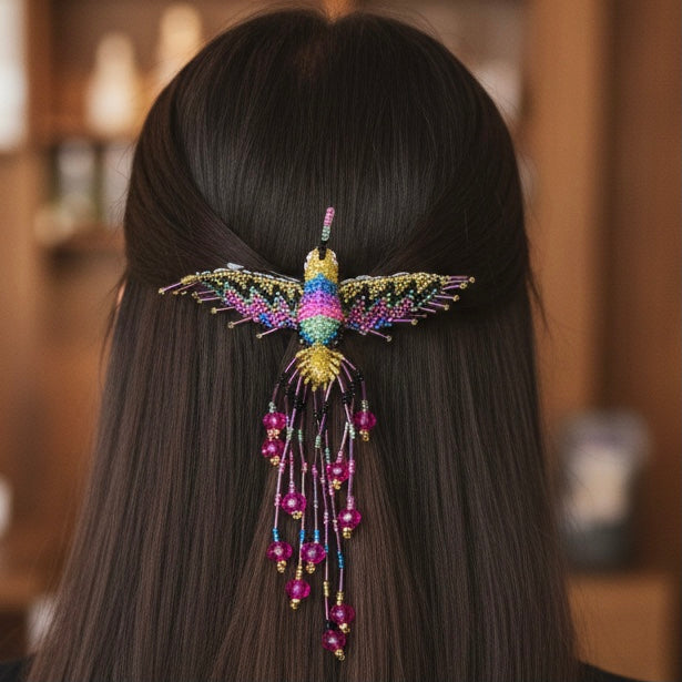 Gold blue pink Hummingbird Barrette with Fringes-1
