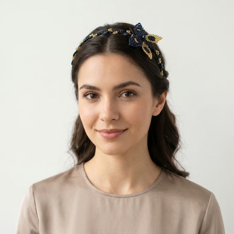 Beaded Headband with Butterfly Blue-2