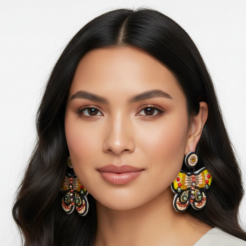 Butterfly Beaded Earrings - Yellow and Orange-2