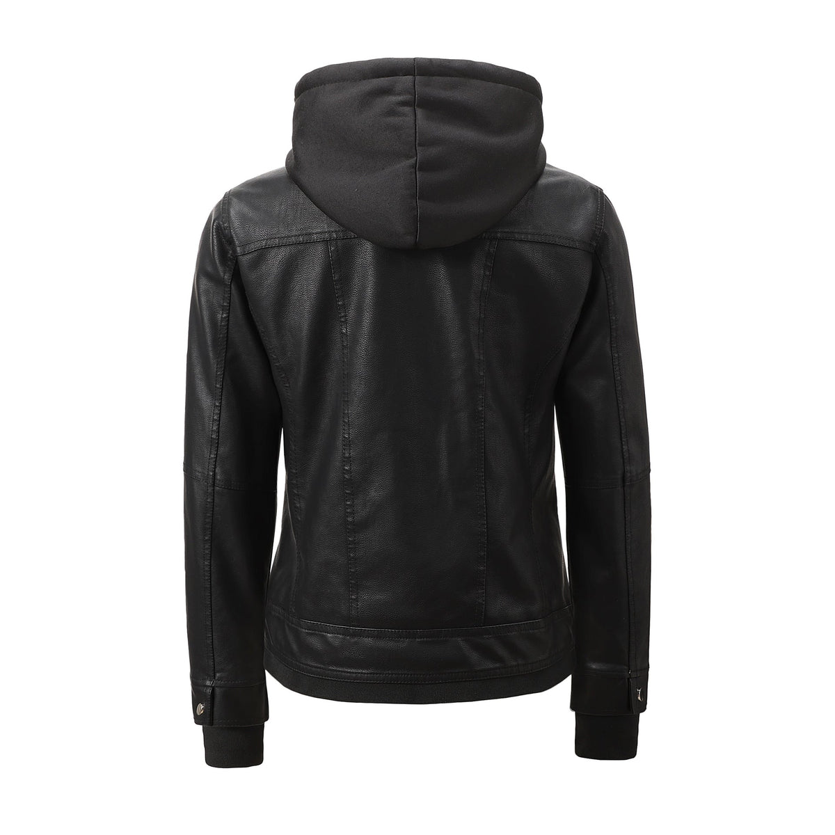 Women’s Faux Leather Biker Jacket with Detachable Hood – Slim-Fit Waist-Cinching Motorcycle Coat-6
