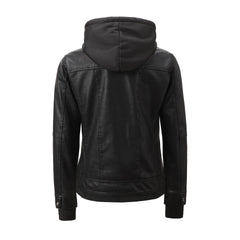 Women’s Faux Leather Biker Jacket with Detachable Hood – Slim-Fit Waist-Cinching Motorcycle Coat-6