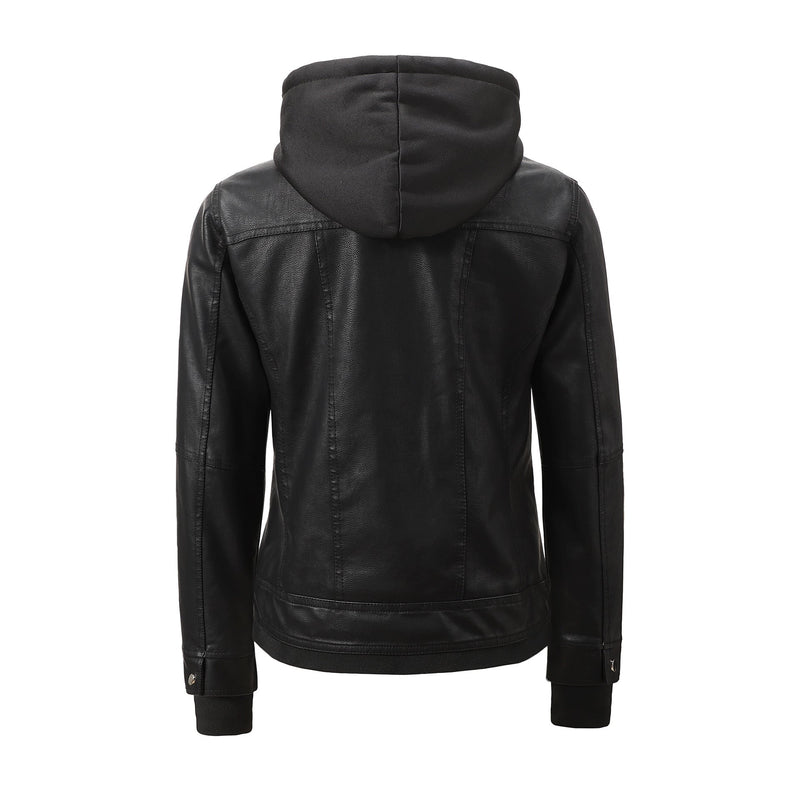 Women’s Faux Leather Biker Jacket with Detachable Hood – Slim-Fit Waist-Cinching Motorcycle Coat-6