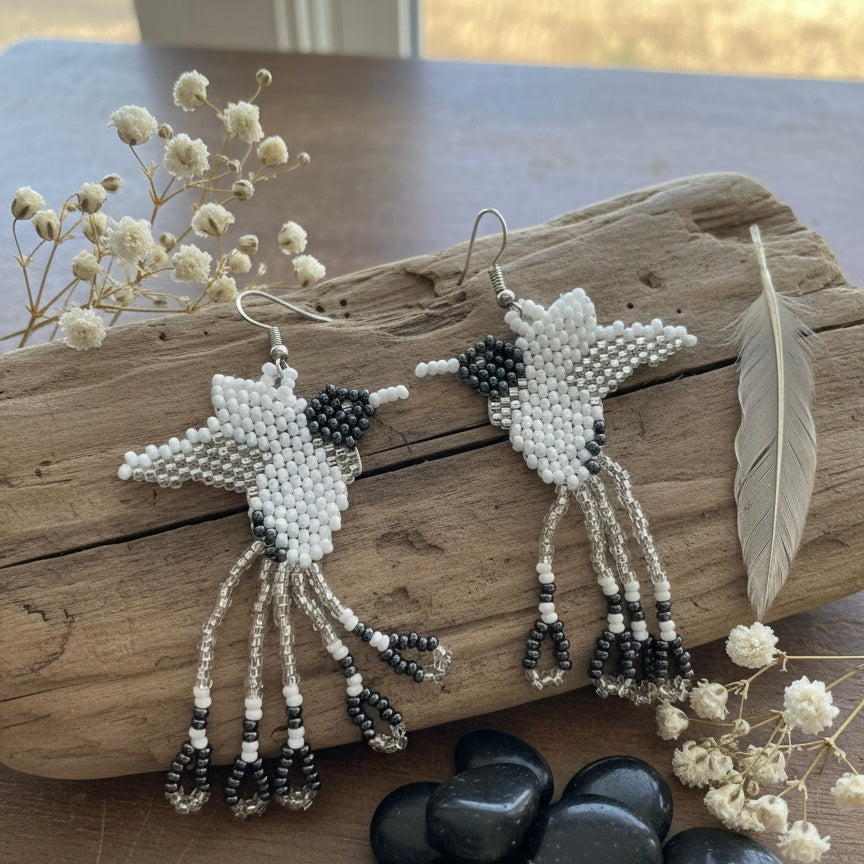Handmade Beaded Hummingbird Earrings – white and black-2