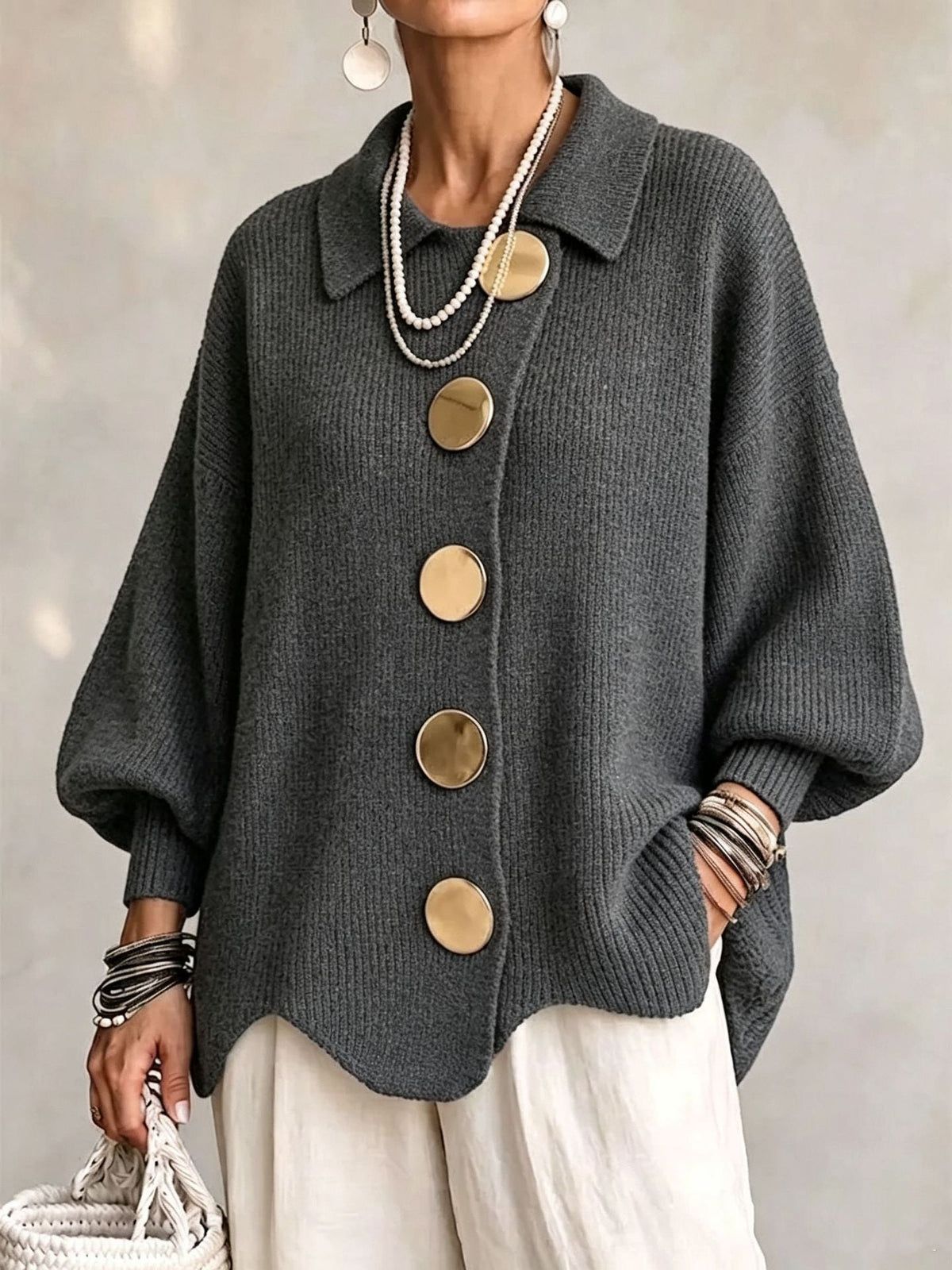 Women’s Button-Down Knit Cardigan – Lapel Collar Long-Sleeve Loose-Fit Fall & Winter Sweater-12