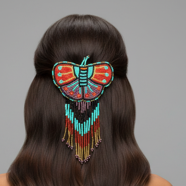 Butterfly Beaded Barrette with Fringes- Red and Turquoise-1