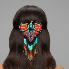 Butterfly Beaded Barrette with Fringes- Red and Turquoise-1