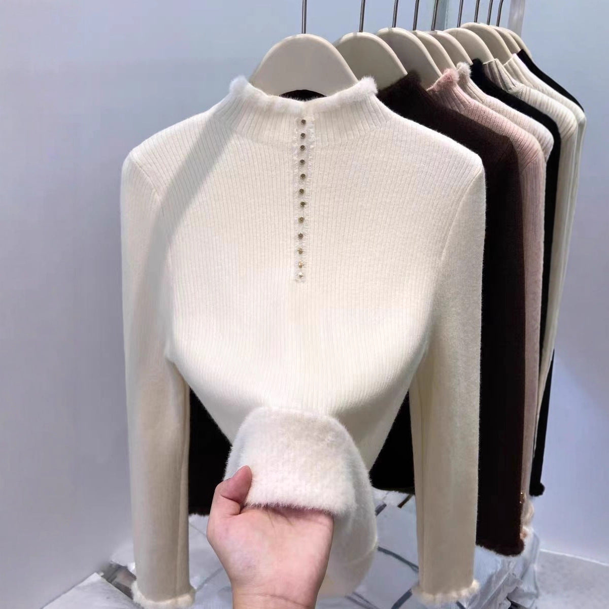 Women’s Fleece-Lined Mock Neck Thermal Top – Oversized One-Piece Pullover for Fall & Winter-5