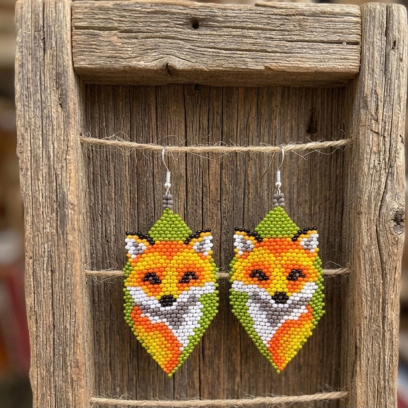 Fox Beaded Earrings (Green)