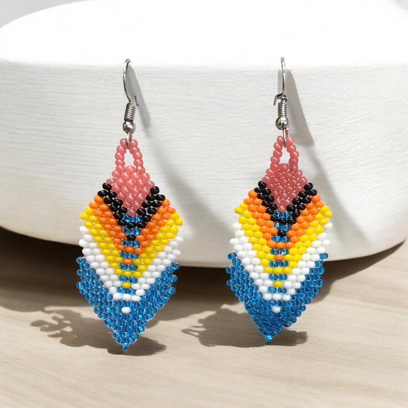 Electric Blue Beaded Feather Drop Earrings-2