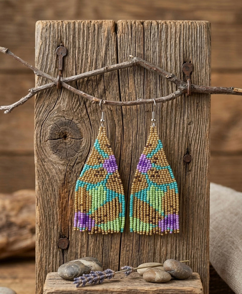 Flower Fringe Beaded Earrings (Gold)-1