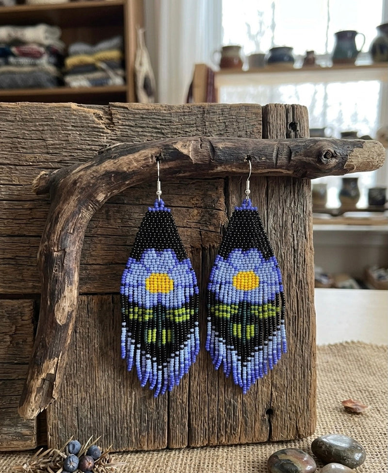 Flower Beaded Earrings ( Blue )-6