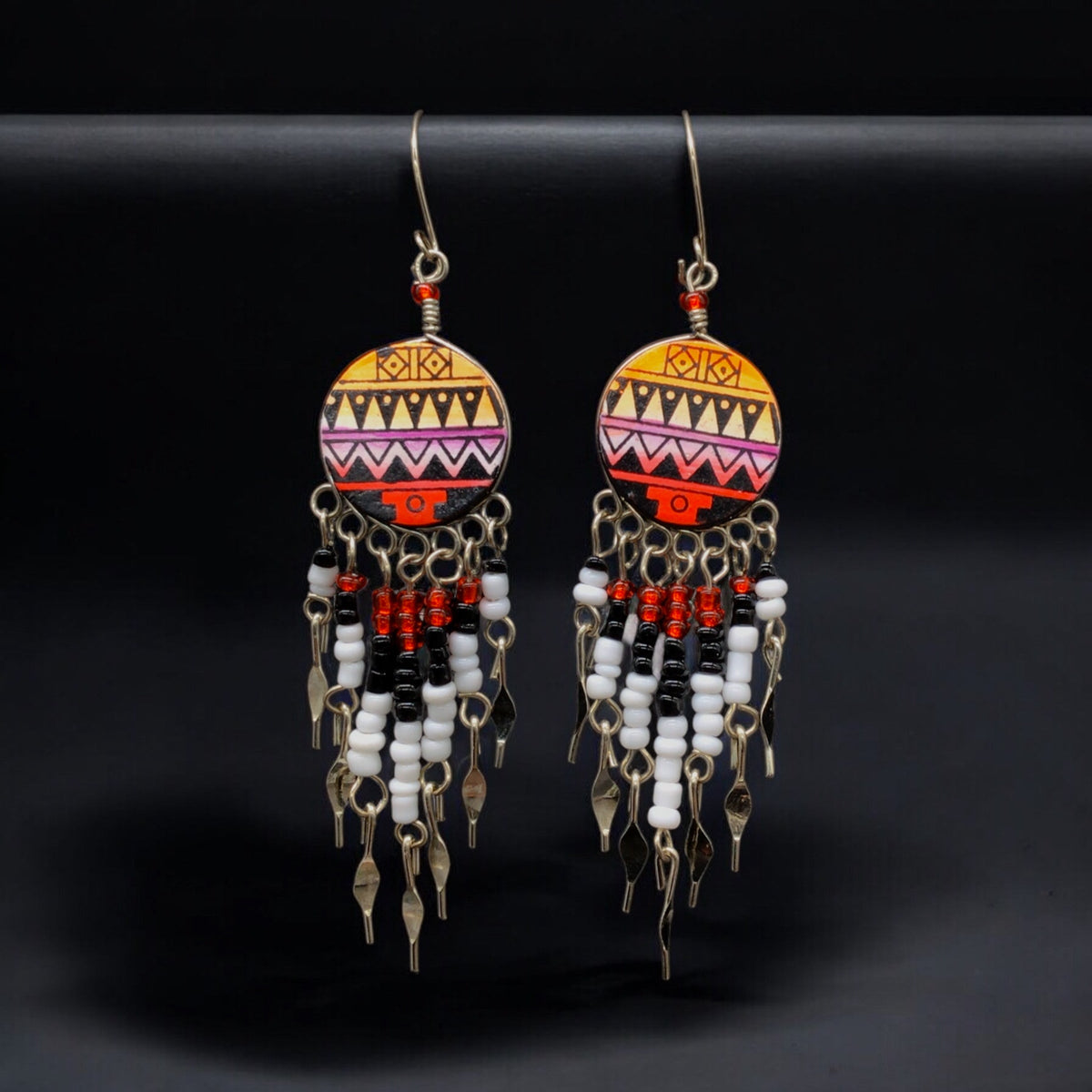 Orange and Red Southwestern Round Shaped Dangle Earrings-1
