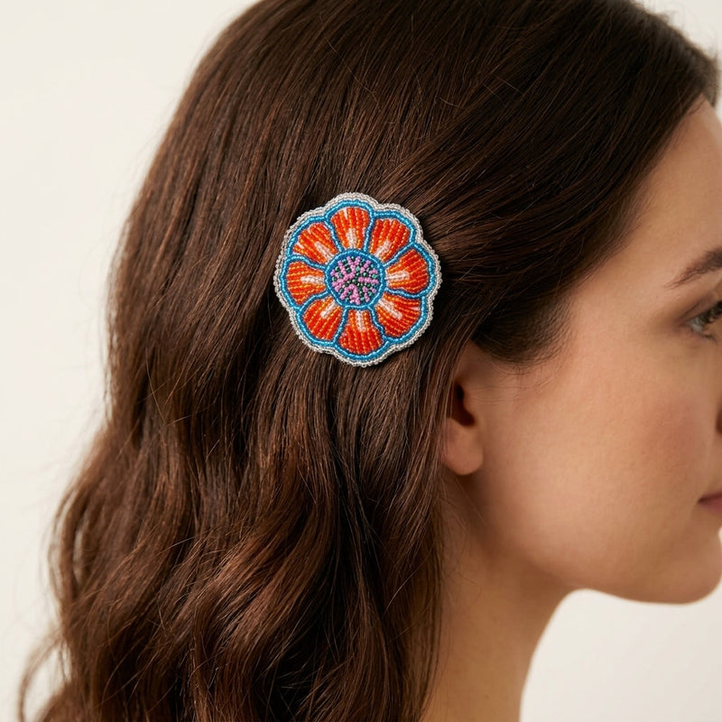 Silver Beaded Flower Barrette-1