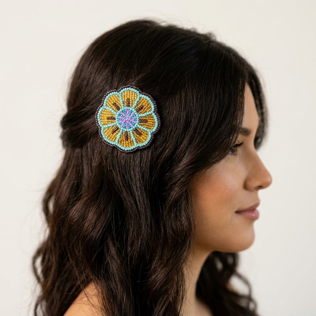 Turquoise Beaded Flower Barrette-5