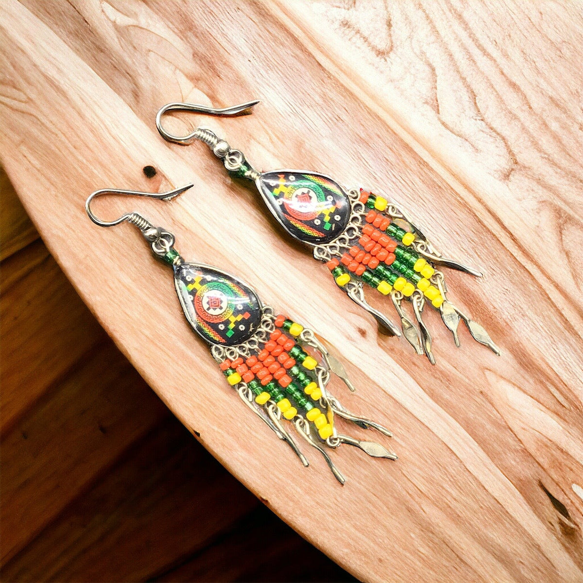 Small Sized Southwestern Red and Yellow Teardrop Earrings-2