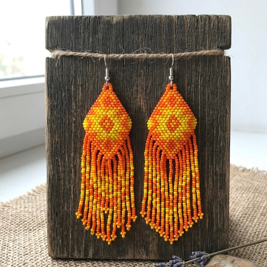 Fringe Bead Drop Earrings (Orange)-2