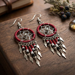 burgundy beaded dream catcher earrings-1