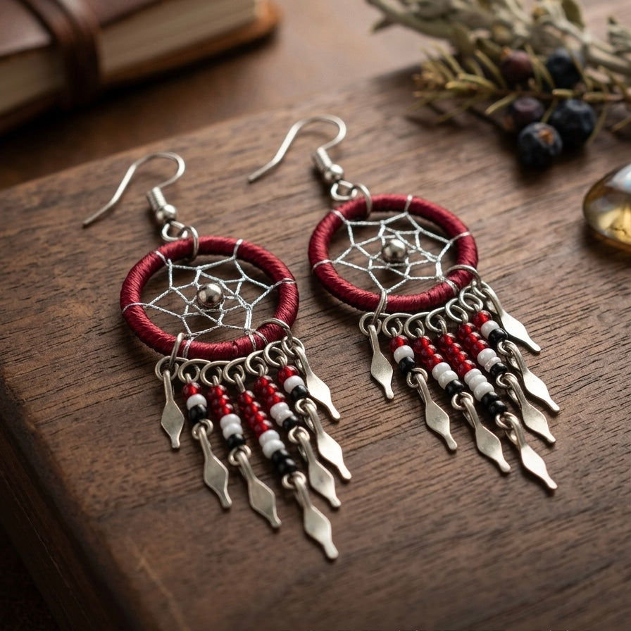 burgundy beaded dream catcher earrings