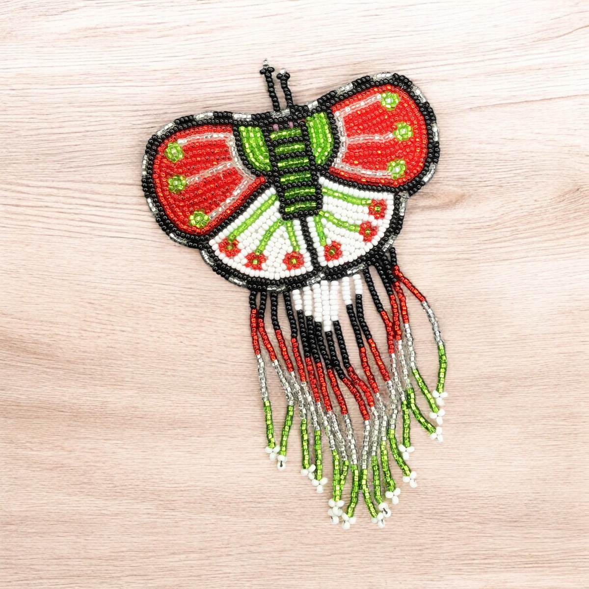 Butterfly Beaded Barrettes with Fringes Red& Green-2