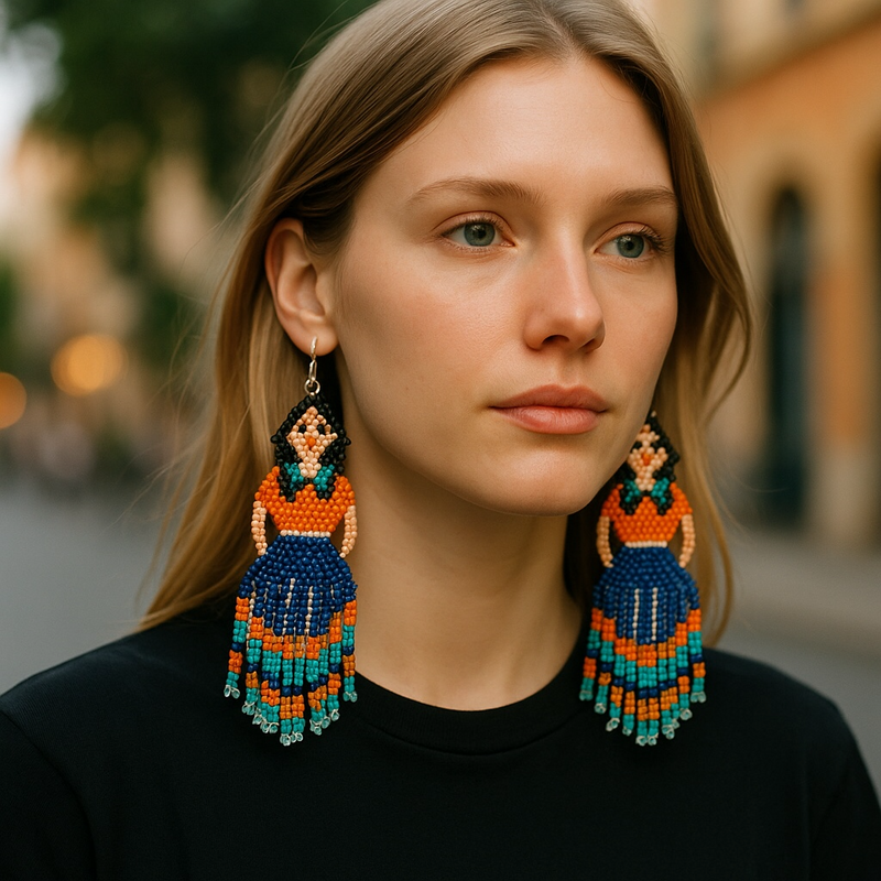 Blue Orange Beaded Ribbon Skirt Dancer Earrings-2