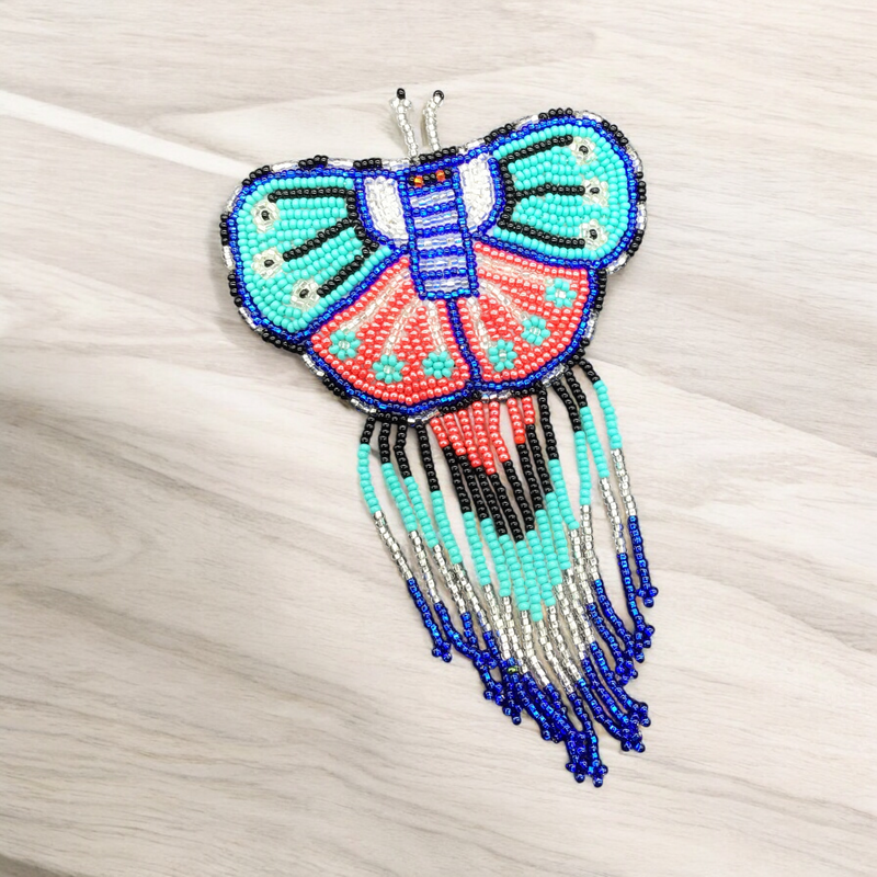 Butterfly Beaded Barrettes with Fringes Turquoise & Red-2