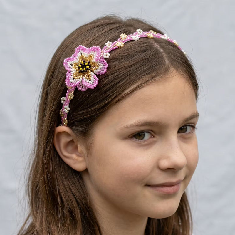 Beaded Headband with Flower Pink-2