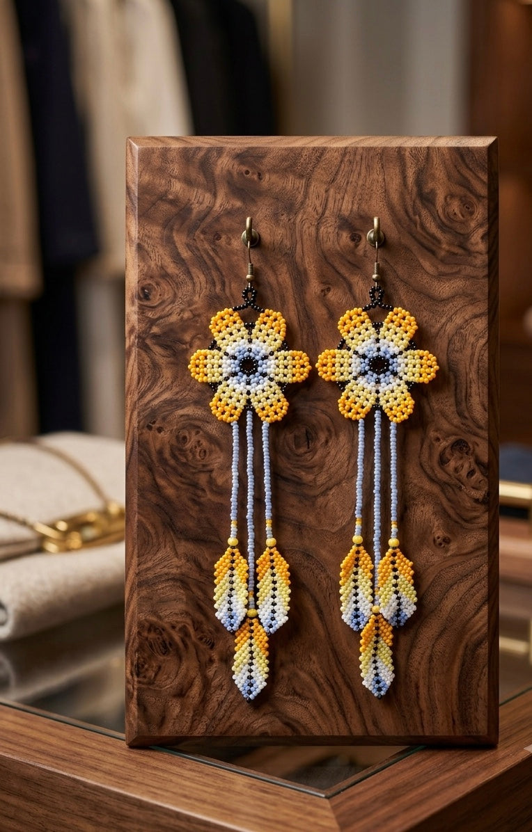Sun Feather Bloom Beaded Earrings- Yellow-1
