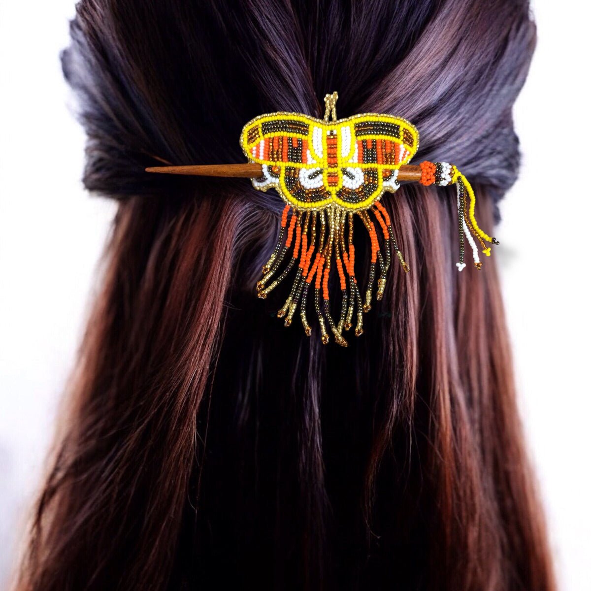 Red and Yellow Wooden Stick Butterfly Beaded Barrette with Fringes-1