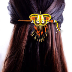 Red and Yellow Wooden Stick Butterfly Beaded Barrette with Fringes-1