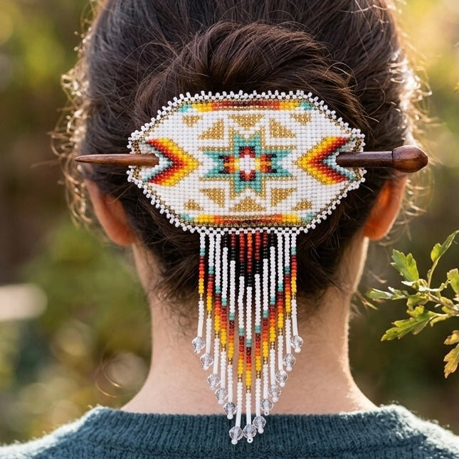 Wisdom Star Fringed Beaded Barrette & Wooden Stick-2